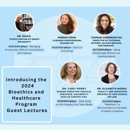 Graphic with headshots of 2024 Bioethics and Healthcare Program guest lecturers