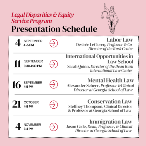 Graphic showing the Legal Disparities and Equity Service Program presentation schedule