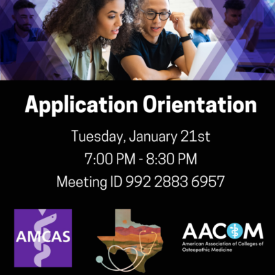 Instagram graphic promoting the Application Orientation for AMCAS and AACOM.