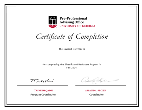 UGA sample certificate for completing the Bioethics and Healthcare Program.