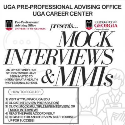 Graphic promoting Mock Interviews and MMIs hosted by the UGA PPAO and UGA Career Center.