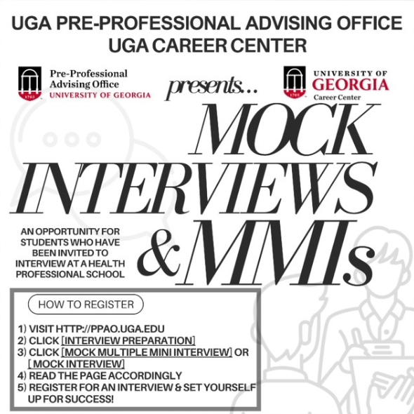 Graphic promoting Mock Interviews and MMIs hosted by the UGA PPAO and UGA Career Center.