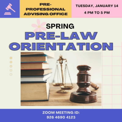 Instagram image promoting the spring Pre-Law Orientation event.