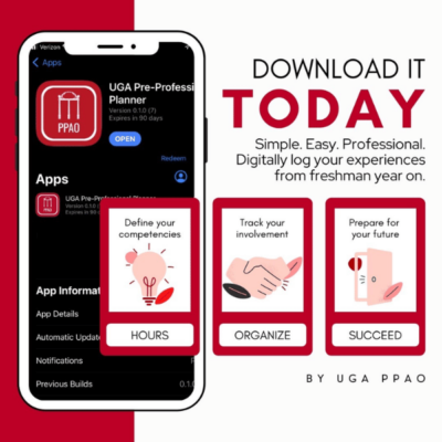 Graphic promoting the UGA Pre-Professional Planner App.